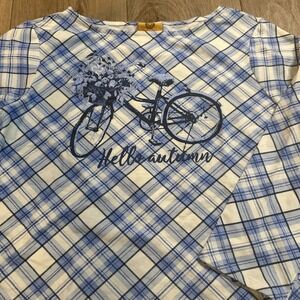 Ruby Rd. Women's Petite‎ 3/4 Sleeve Blue Plaid Bicycle Top Small NEW